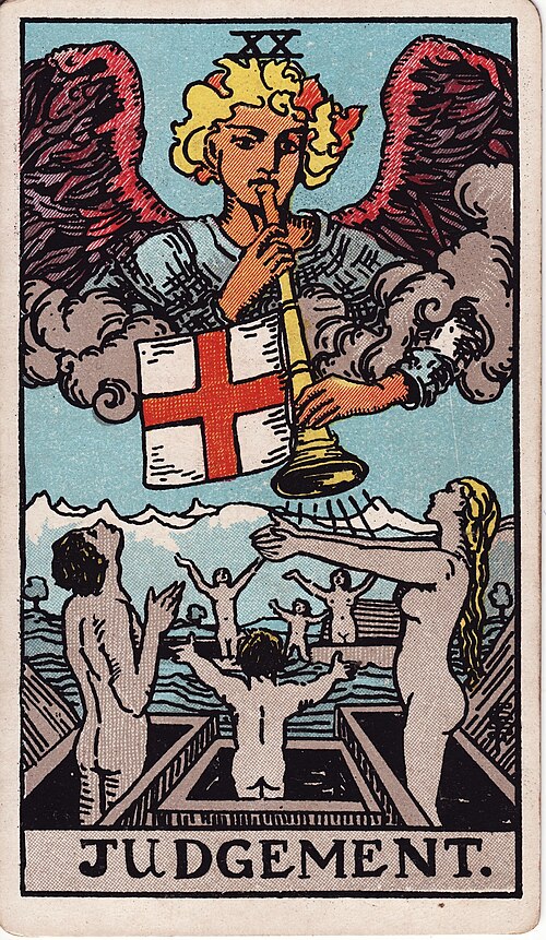 Tarotkortet Domedagen (Judgement) – människor reser sig ur gravar inför en ängel – representerar återfödelse, beslut och inre kallelse.