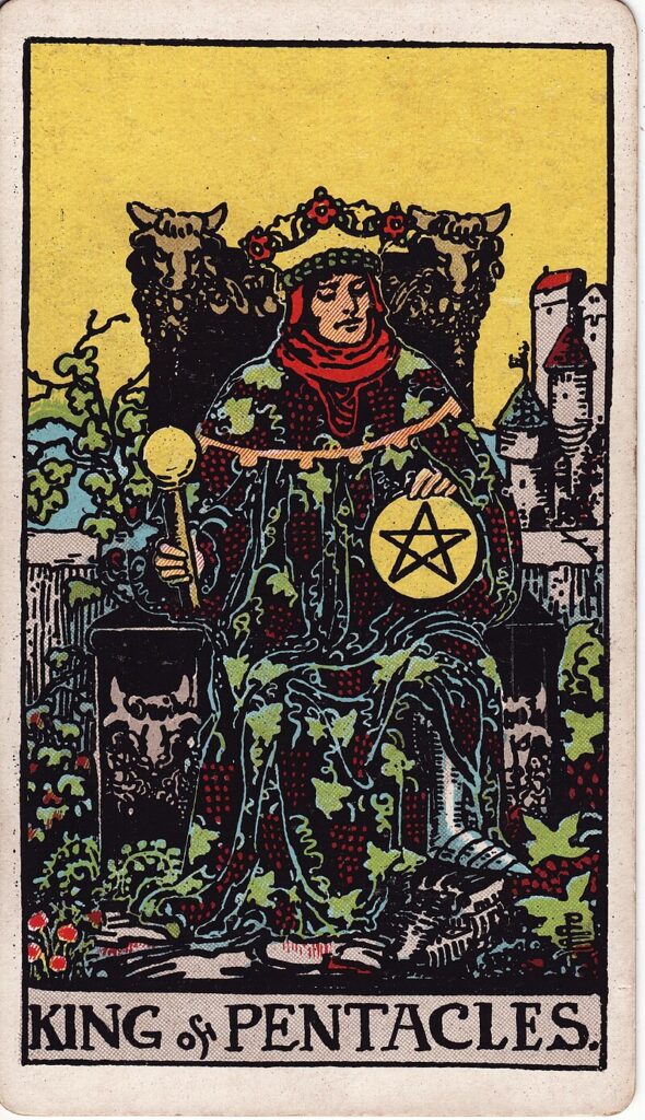 Tarotkortet Kung i mynt – en kung omgiven av rikedom och vinrankor – symboliserar materiell framgång, stabilitet och tryggt ledarskap.