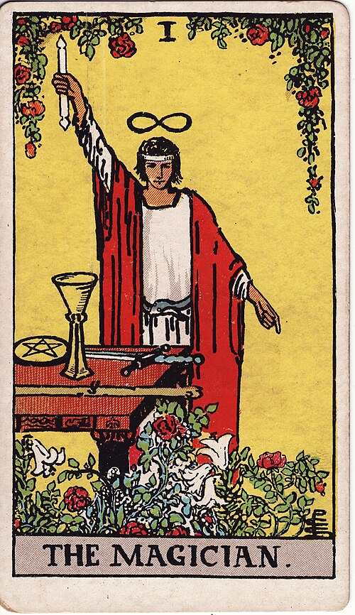 (The Magician) – en man står vid ett bord med symboler för de fyra elementen – står för manifestation, kraft och potential.