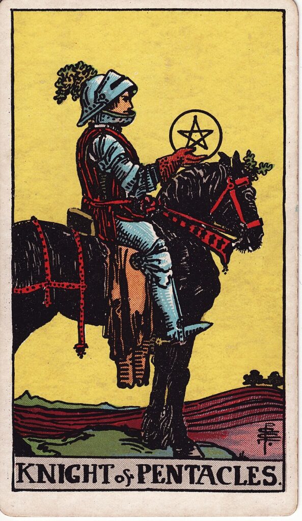 Mynt korten i tarotleken symboliserars av elementet Jord och styr stjärntecknen Oxen, Jungfrun och Stenbocken. Riddare i mynt har nu mer på fötterna än sin föregångare, Page i mynt. Nu finns en rustning och en häst, men fortfarande bara ett mynt. Hästen är ruffig men vackert utsmyckad. Den här riddaren har inte bråttom, han rör sig långsamt - men han är grundlig och är den mest idogna av alla riddare. Han slutar inte förrän han nått sitt mål och han ser bara ett nej som något som tar honom närmare ett ja. Han rör sig långsamt för han har inte bråttom; han vet att han når sitt mål och det spelar ingen roll om det händer idag eller i morgon. Rot Chakrat är välutvecklat, ännu mer än för Page i Mynt, men Rot Chakrat har tagit över och de andra Chakrorna är försvagade som resultat. Det finns en trött energi här. Helt beroende på vilka tarotkort som är dragna runtomkring Riddare i mynt kommunicerar kortet olika. Detta tarotkort kommer upp i mina läggningar när du har en långsam romantisk energi runt dig som har sina ögon på dig. Personen vill ha dig och kommer ge dig all tid i världen att vänja sig vid den tanken. Om det inte rör romantik har vi en långsam och grundlig person inom något annat område. Pålitlig, stabil men lite trög. Pengar kommer, men längre in i framtiden. Alla kort har sina gåvor och de är här för att hjälpa oss bli medvetna. Vi ska bli hela och fria från inre konflikter. Inte förrän vi har accepterat oss själva 100% har vi bemästrat livets läxor. Nyckelord för kortet Riddare i mynt: Stadig resurs, pålitlig, långsam, trög, jämn, flatline, outtröttlig, långtids planerare, maraton, dedikerad.