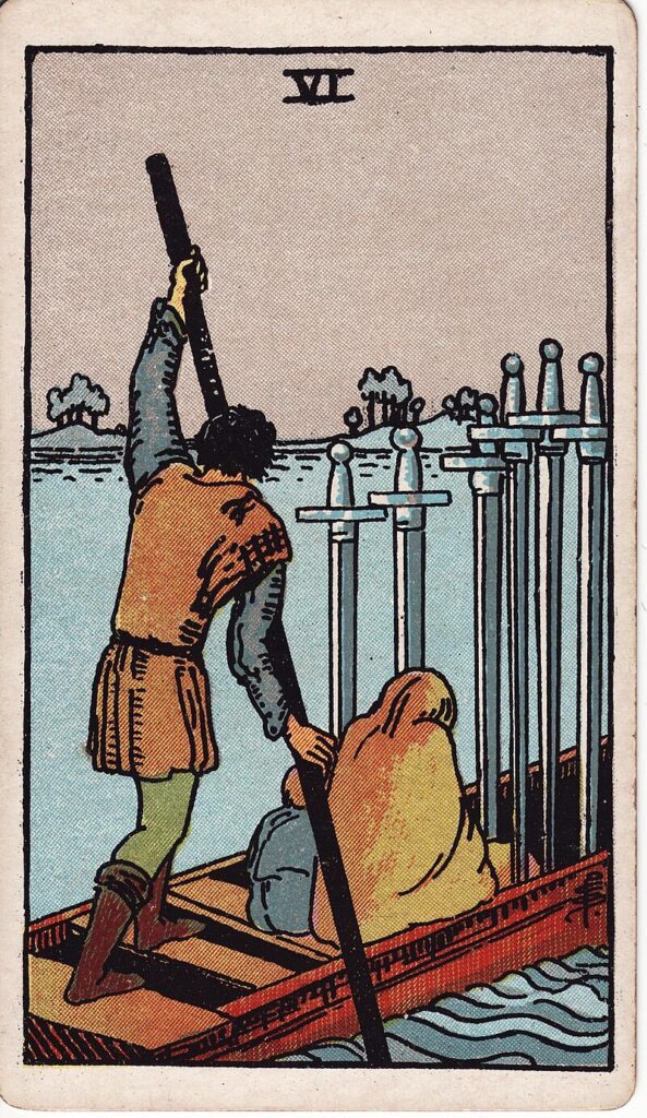 Tarotkortet Sex i svärd – en båt med tre personer färdas över vatten – representerar övergång, läkning och att lämna det förflutna bakom sig.