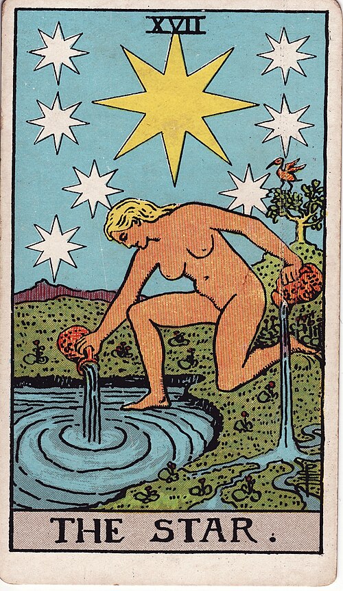 Tarotkortet Stjärnan (The Star) – en kvinna häller vatten under en stjärnklar himmel – representerar hopp, healing och inspiration.